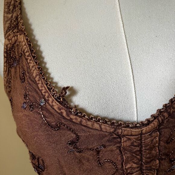 Vintage Y2K Brown Embroidered Slip Dress Fringe Hem Boho Summer Festival Small - Picture 4 of 10